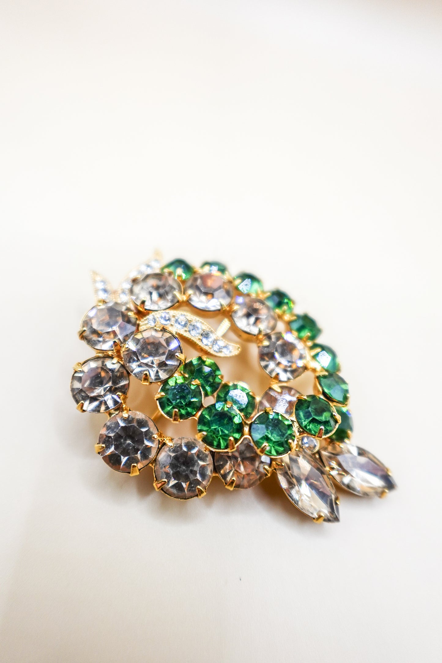 Vintage Gold-Tone Green and Clear Crystal Brooch