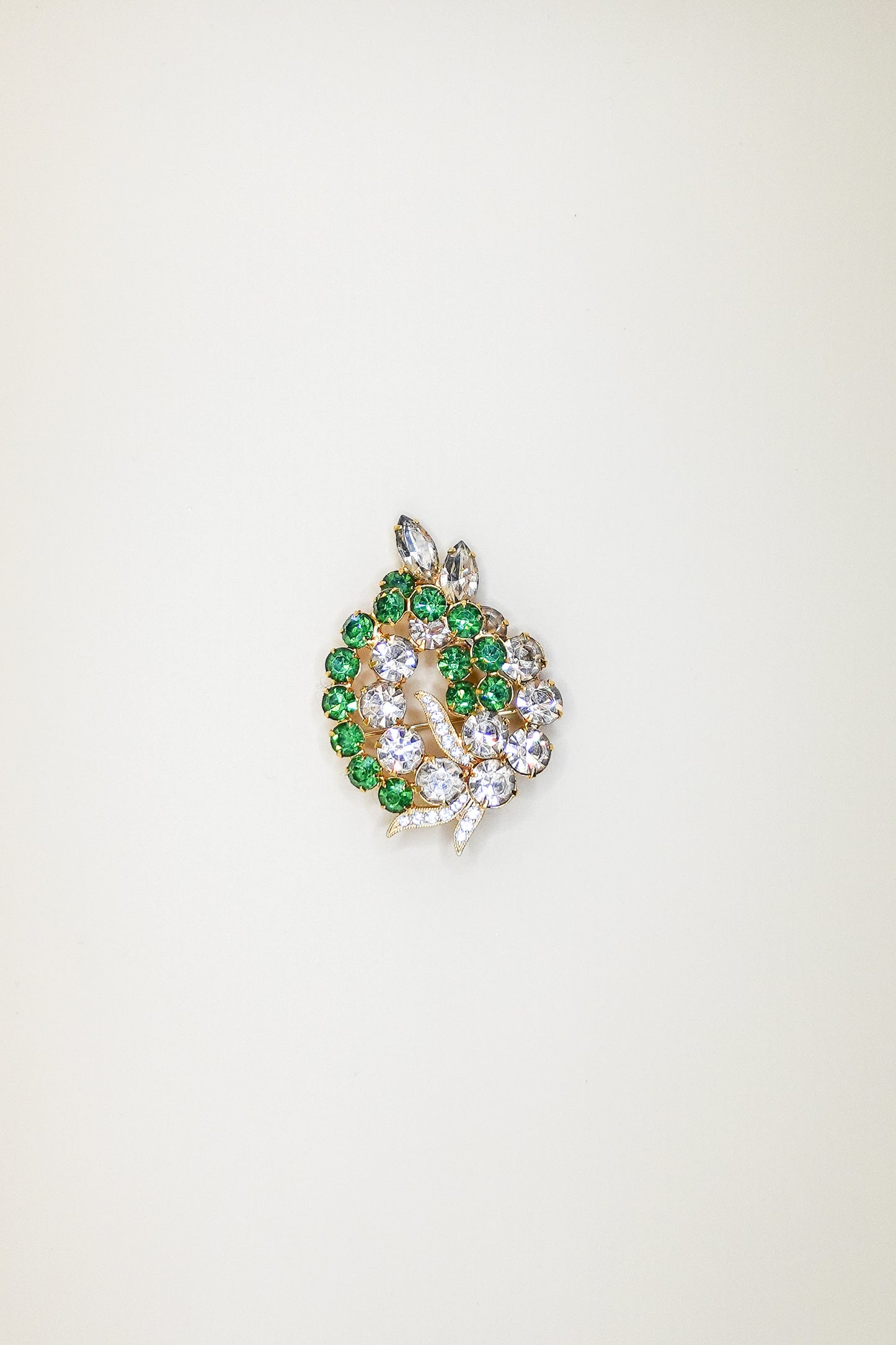 Vintage Gold-Tone Green and Clear Crystal Brooch