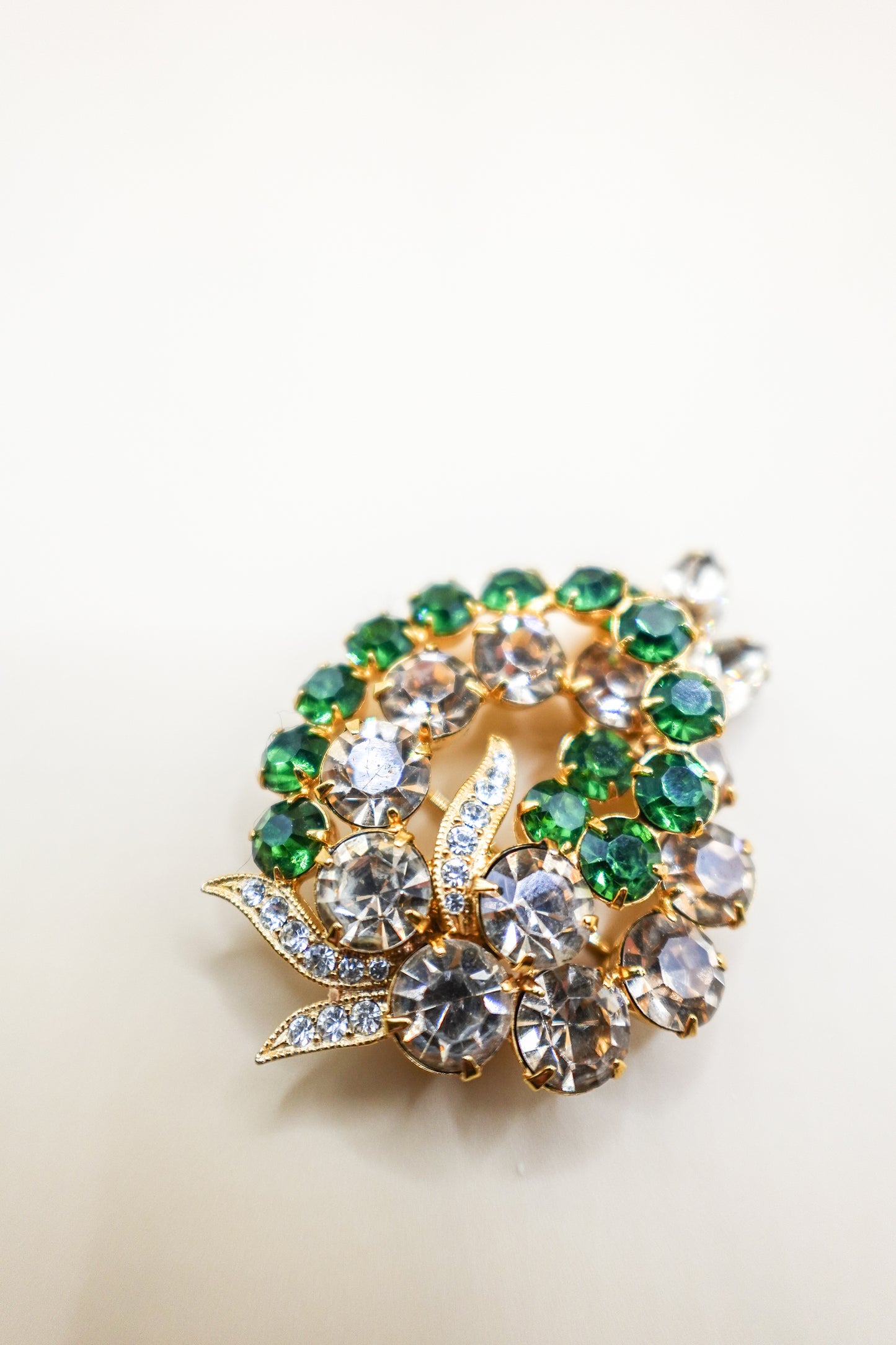 Vintage Gold-Tone Green and Clear Crystal Brooch