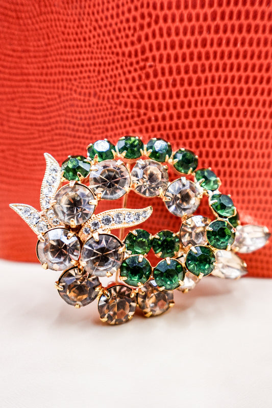 Vintage Gold-Tone Green and Clear Crystal Brooch