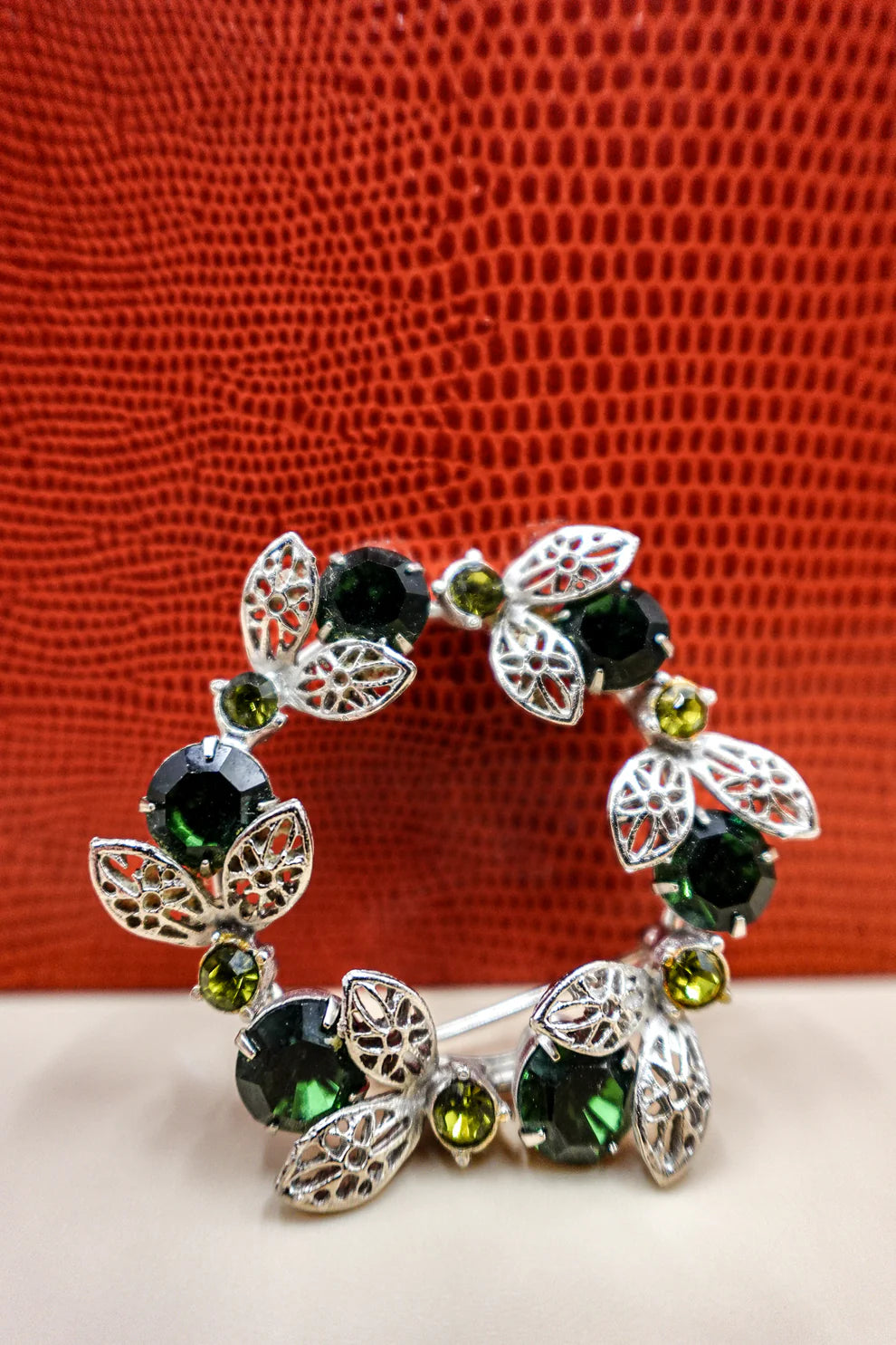 Vintage Green Crystal Wreath Brooch