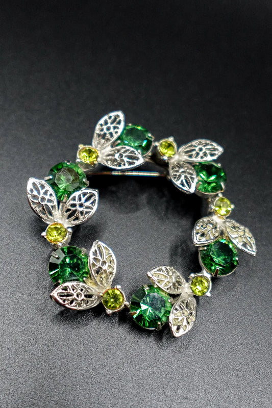 Vintage Green Crystal Wreath Brooch