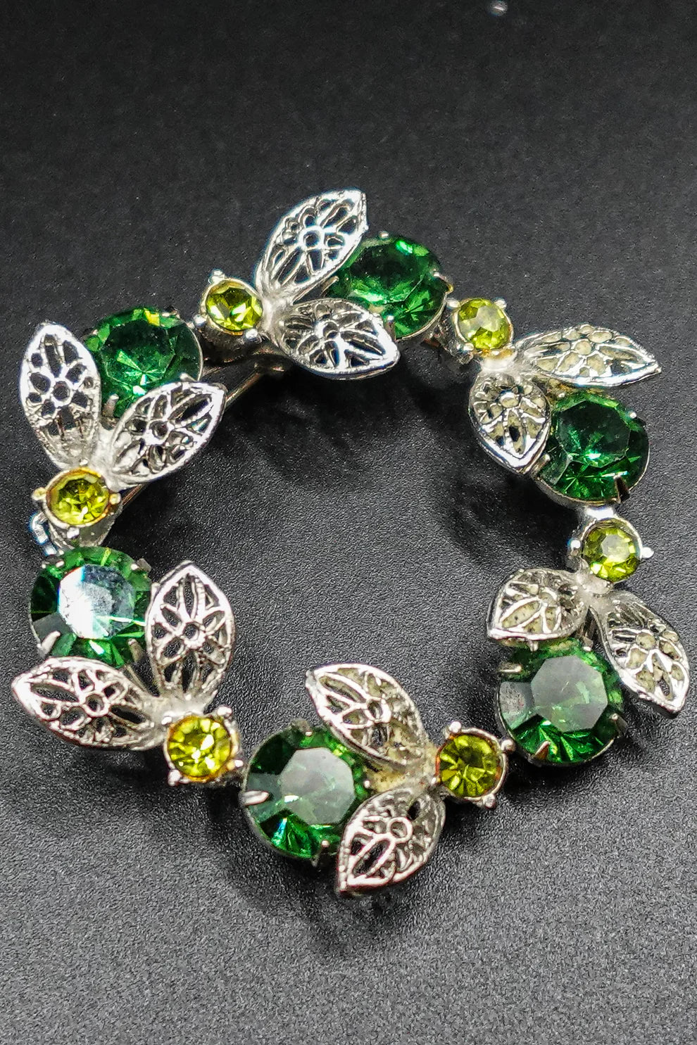 Vintage Green Crystal Wreath Brooch