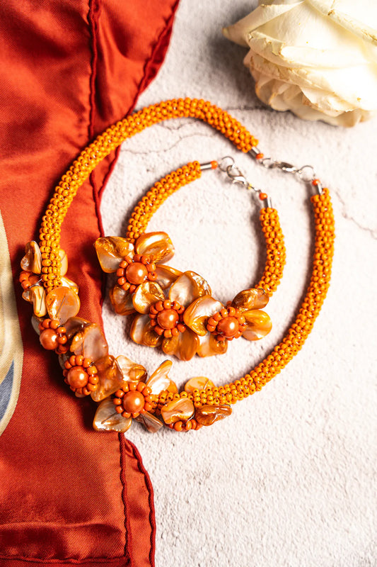 Vintage Orange Beaded Necklace and Bracelet Set