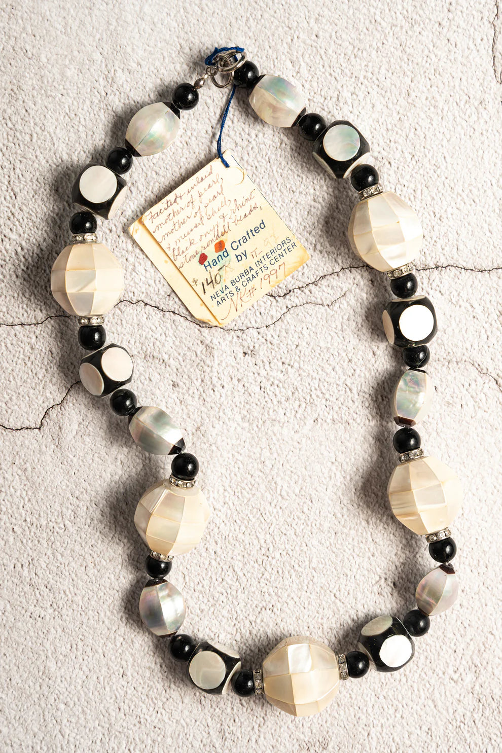 1980s Mother of Pearl and Black Onyx Necklace - Handmade by Neva Burba