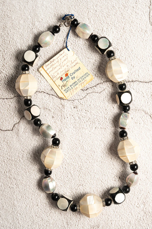 1980s Mother of Pearl and Black Onyx Necklace - Handmade by Neva Burba