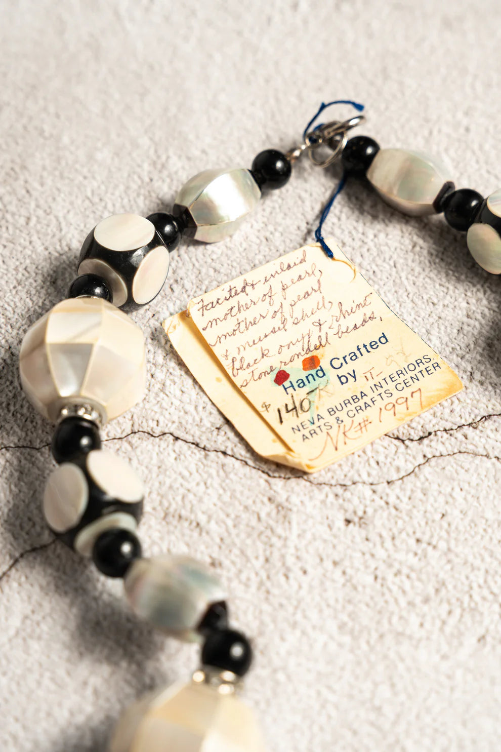 1980s Mother of Pearl and Black Onyx Necklace - Handmade by Neva Burba