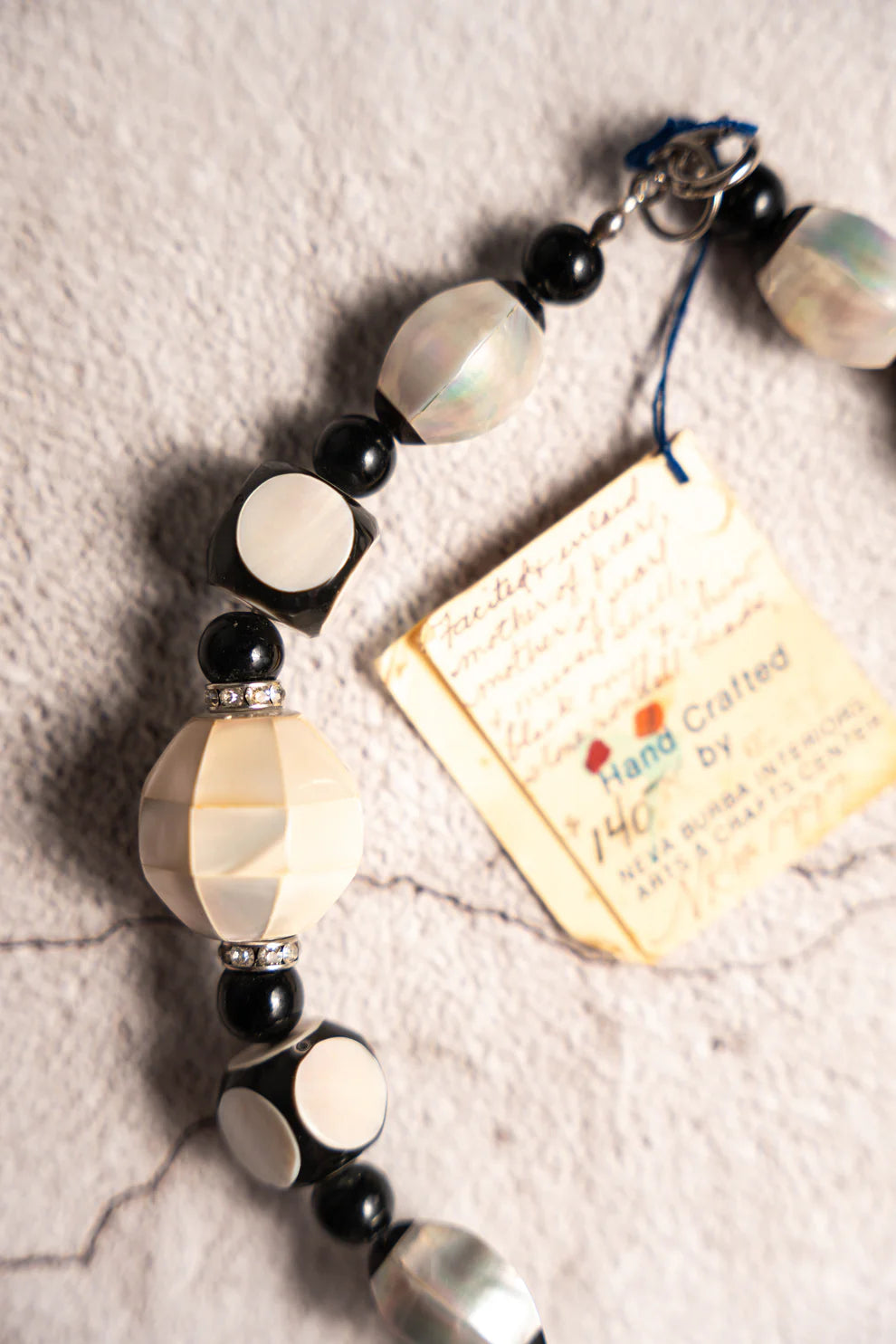 1980s Mother of Pearl and Black Onyx Necklace - Handmade by Neva Burba