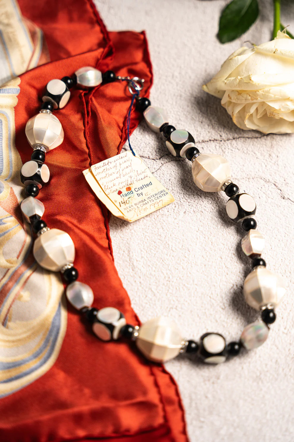 1980s Mother of Pearl and Black Onyx Necklace - Handmade by Neva Burba