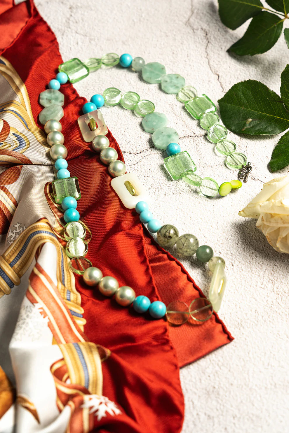 Vintage Prehnite and Sea Glass Bead Necklace