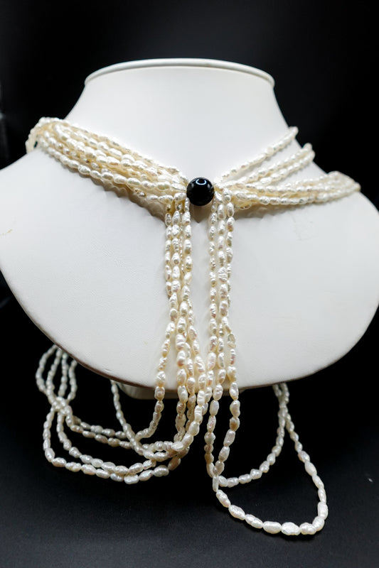 Vintage Seed Pearl Necklace with Black Agate
